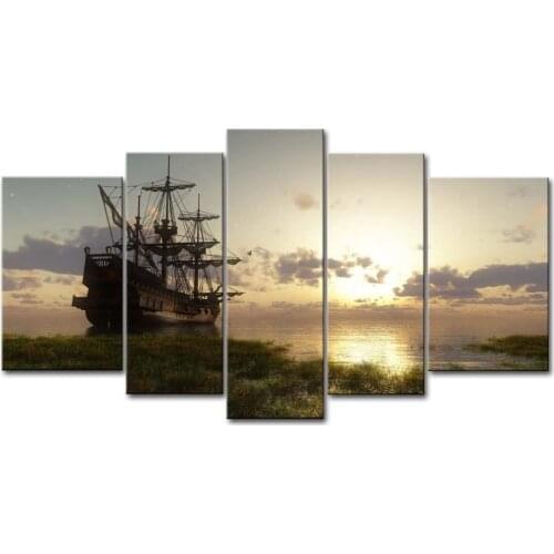 5 Panel Wall Art Painting Fantasy Ship Sail Boat In Lake Sunset Prints On Canvas Seascape Pictures Oil Painting Drop Shipping