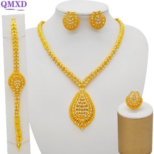 African Jewelry Sets Crystal Necklace Bracelet Dubai Gold Jewelry Set for Women Wedding Party Earrings Ring Jewelry