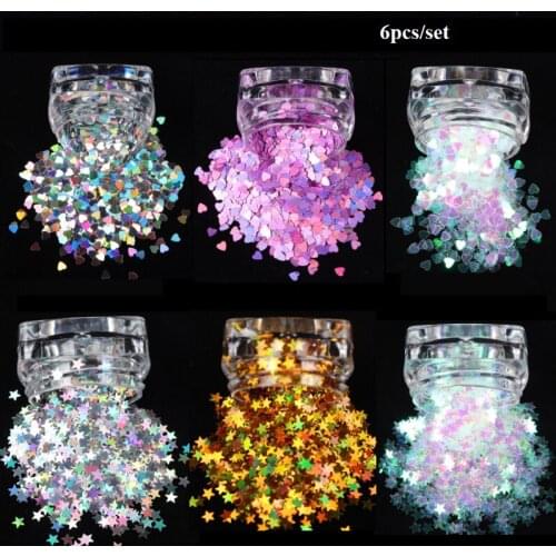 6 Boxes Sweet Love Heart Star Nail Glitter Sequins Holo Silver Gold Shinning Paillette Flakes Polish Manicure Art Decorations