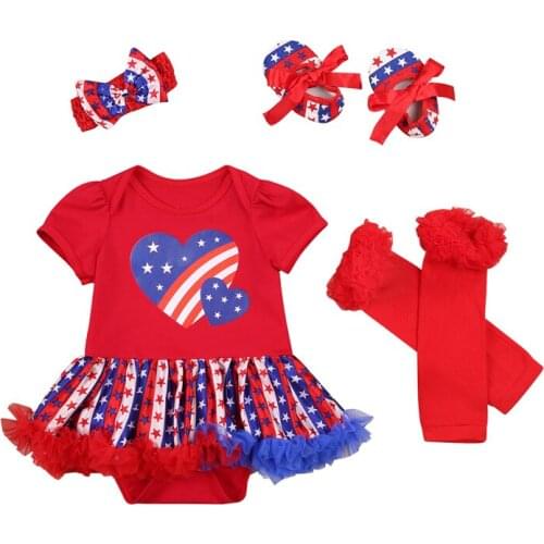 Independence Day Boys Girls Bodysuits Stars & Stripes Short Sleeve Round Neck Dress + Bowknot Headband + Socks + Shoes Clothes