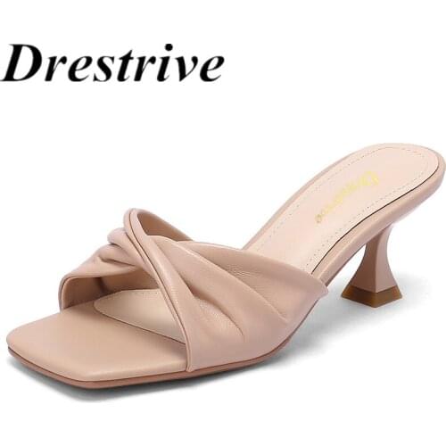 Drestrive Full Genuine Leather Women Sandals Square Toe 2021 Summer Slipper Thin High Heel Shoes Sheepskin Size 41