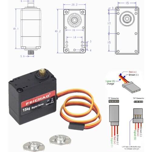 FEICHAO Dual Ball Bearing Robot Servo 15kg 180°/270°/360° Metal Gear Digital Servo with Long and Short Straight Bracket Holder