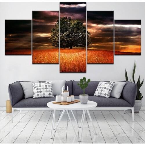 Canvas Painting Vintage Wall Art Frame Printed Pictures 5 Panel Poster Sunrise Tree Landscape Photo For Living Room Decor Artwor