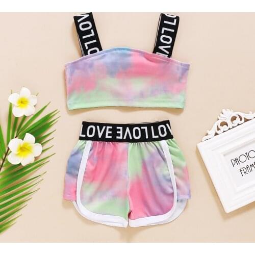 Infant Kids Girls 2 PCS Tie-dye Outfit Summer Tie Dyeing Love Letter Sling Straps Short Top Short Patchwork Pants Set 2021