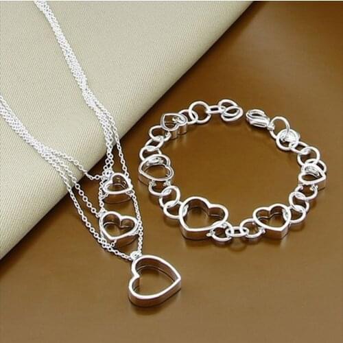 High Quality 925 Silver Jewelry Sets Fashion Elegant Heart Lover Chain Necklace Bracelet Sets Trendy Jewelry