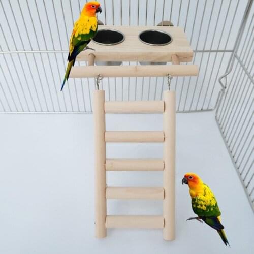 Birds Food Dish Stainless Steel Parrot Feeding Cups Cage Water Food Bowl with Clamp Holder Wooden Platform Ladder Toy