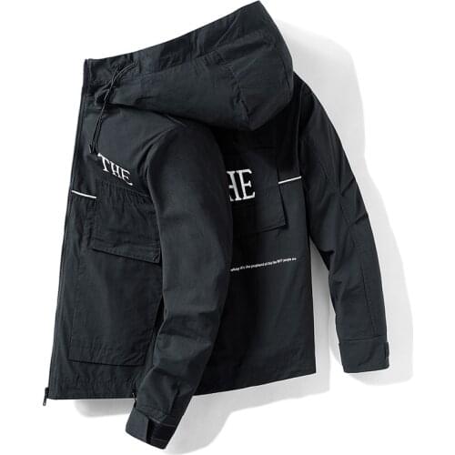Streetwear Men Jacket Windbreaker Letter Printed Homme Hoodies Jacket Black Mens Hooded Jacket With Big Pocket Jaqueta Masculino