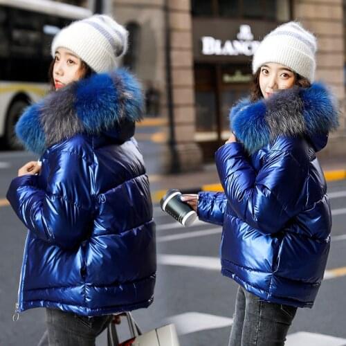 2020 New Winter Jacket Womens Parka Fur Collar Hooded Down Cotton Jacket Female Glossy Casual Cotton Padded Parkas Outerwear