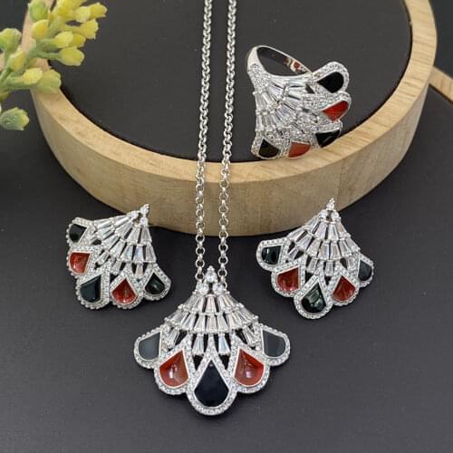Lanyika Fashion Jewelry Set Elegant Peacock tail Drip Oil Micro Inlay Necklace with Earring and Ring for Women Banquet Best Gift