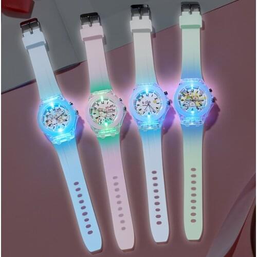Flashing Lights Luminous Childrens Watch Girl Anime Cartoon Doll Pattern Toy Accessories Leather Kids Birthday Christmas Christ