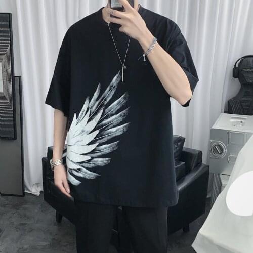 Short-sleeved mens summer print T-shirt ins trend half-sleeve loose top casual five-sleeve