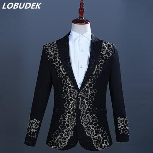 Men Red Black Crystals Embroidery Blazers Suit Jackets Formal Stage Clothing Male Singer Host Costume Wedding Performance Coat