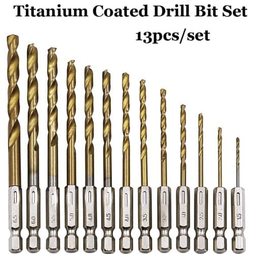 13pcs/lot HSS High Speed Steel Titanium Coated Drill Bit Set 1/4 Hex Shank 1.5-6.5mm Hexagonal Handle Twist Drill