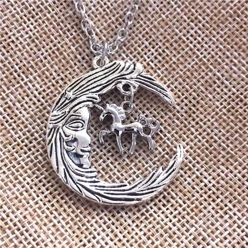 Gothic Crescent Moon Necklace Wizard Magic Pagan Horse Pendants Antique Silver Color Chain Choker Necklace Fashion Jewelry
