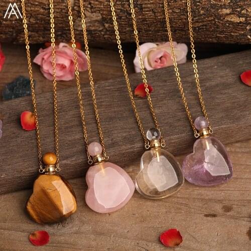 Heart Shape Perfume Bottle Pendant Jewelry Natural Amethysts Pink Quartz Labradorite Gold Chains Necklace For Women Boho Jewelry