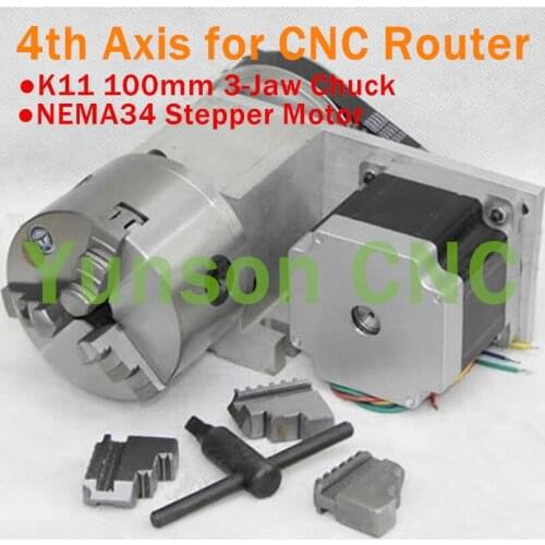 Hollow Shaft 4th Axis Rotary Axis 100mm diameter 3-Jaw Chuck with NEMA34 Motor for Mini Desktop CNC Router 3040/4060 DIY part