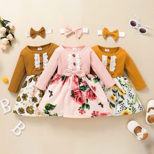 Girls Casual Floral Dresses Toddler Kid Ribbed Ruffled Bow Splice Floral Party Princess Dress for Baby