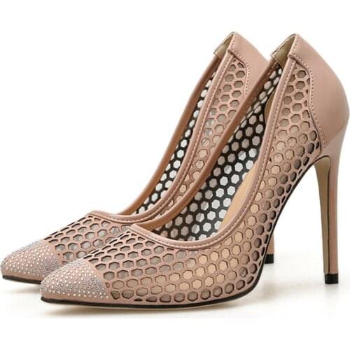 Sexy Mesh Hollow High Heels Women Shoes 2021 Spring Woman Pointed Toe Crystal Stiletto Pumps Dress Ladies Party Fashion Footwear