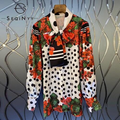 SEQINYY Sicily Style Blouse Summer Spring New Fashion Design Women Runway Red Flower Dot Print Casual
