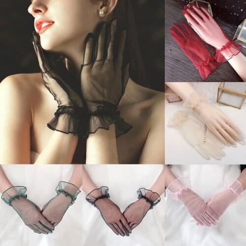 Wedding Mittens Gloves Short Tulle Transparent Full Finger Lace Gloves Lotus Ultra Thin Leaf Sheer Women Mesh Gloves