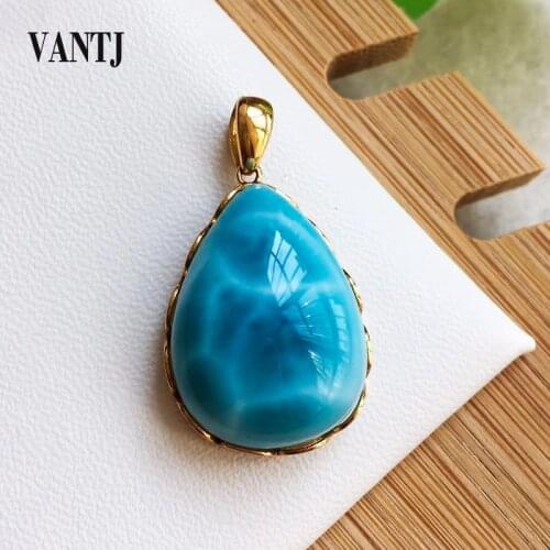 VANTJ Real 10K Yellow Gold Pendant Elegant Natural Blue Larimar Fine Jewelry Necklace for Women Lady Party Wedding Gift whit Box