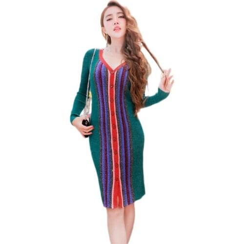 2020 Spring Sexy Vertical Stripe V neck Women Dress Long Sleeve Weave Bodycon Dresses Fall Fashionable Knitwear