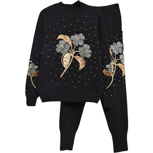 High Quality Fashion Winter Two Piece Set Womens Beading Pullover Sweatshirt Pants Suit Set Sportswear Tracksuits Long Sleeve
