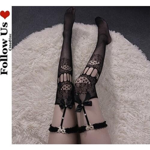 Japanese Woman Thigh High Stockings Gothic Black Hollow Jacquard Bow Mesh Lace Stockings Female Harajuku Over The Knee Socks