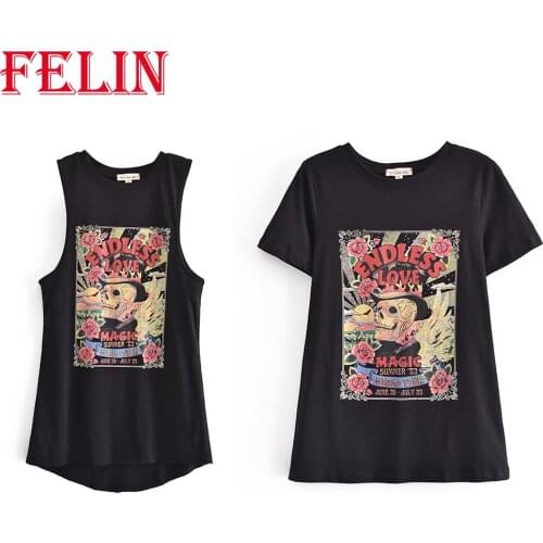 Za Oversized Girls T-shirts Skulls Print Chic Black Cotton Summer Tshirts Women Summer Fashon 2021 Vest Tops Mujer