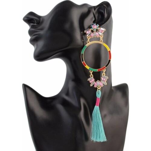 Idealway Shiny Crystal Beads Statement Long Drop Earrings for Women Bohemian Cotton Fringe Earring Anniversary Party Gift