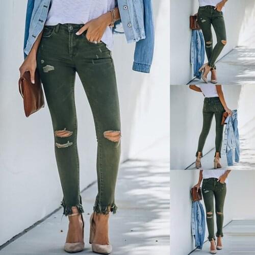 2021 Women Casual Trousers Streetwear Fashion Fringe Hem Denim Pocket Tassel Design Solid Cutout Ripped Jeans Long Skinny Pants