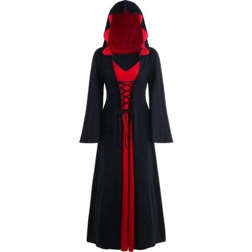 Women Vintage Medieval Gothic Witch Elven Costume Nienna Hooded Long Dress Corset Lace-Up Gown Robe Halloween Plus Size 4XL 5XL