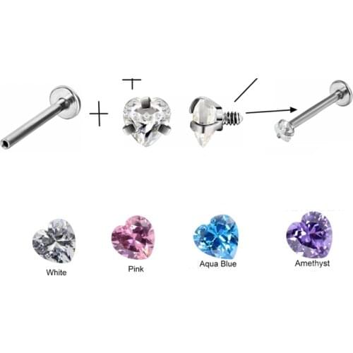 2Pcs Steel Crystal 1.2x6/8mm Heart Cartilage Ear Helix Stud Tragus Barbell Piercings Jewelry Labret Monore Rings Lip Piercings