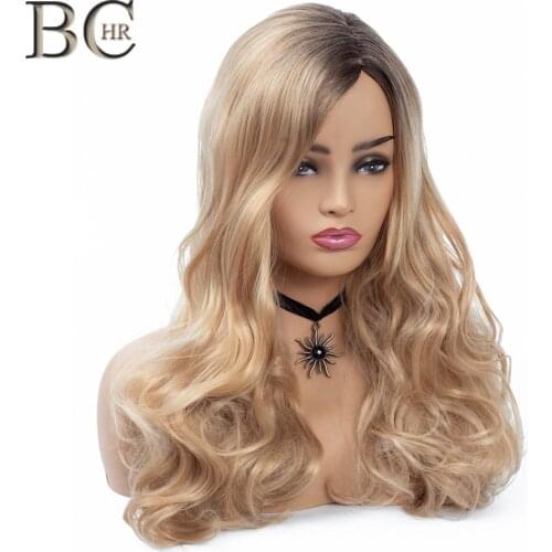 BCHR Long Wave Ombre Wig Side Part Blonde Wig Synthetic Wig for Women Dark Root Gold Hair for Wedding Party