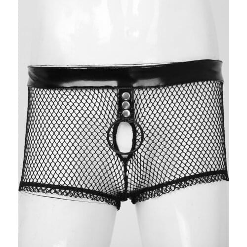 Patent Leather Mens Boxer Brief Hollow Out Fishnet Panties O Ring Shorts Waistband Underwear See-through Patchwork Underpants