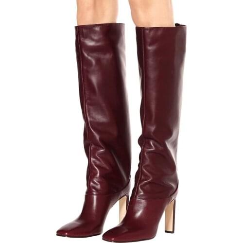 Burgundy Knee High Boots Square Toe Square High Heel Shoes Fashion European Leather Women Boots Spring Autumn Winter Dress Shoes