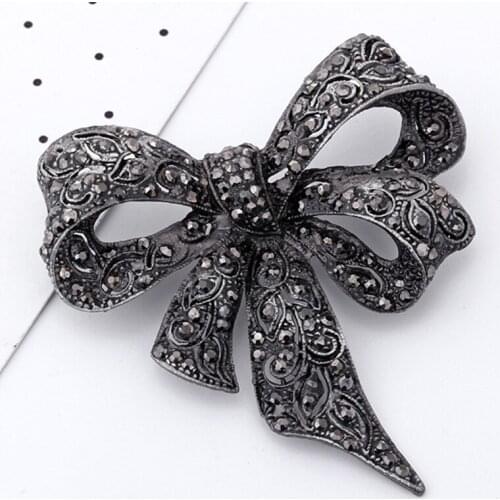 Black Color Rhinestone Bow Brooches For Women Large Bowknot Brooch Winter High Quality Broches Vintage Fashion Jewelry