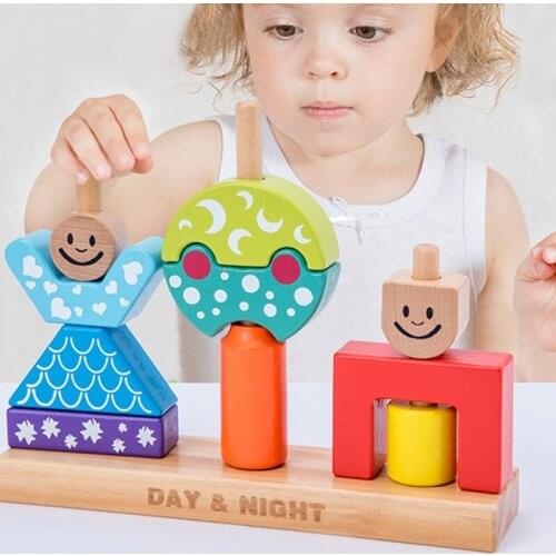 Wooden Toys for Children Sun&Moon Day&Night Pillar Blocks Early Learning Baby Birthday Christmas Gift Educational Toy for Kids