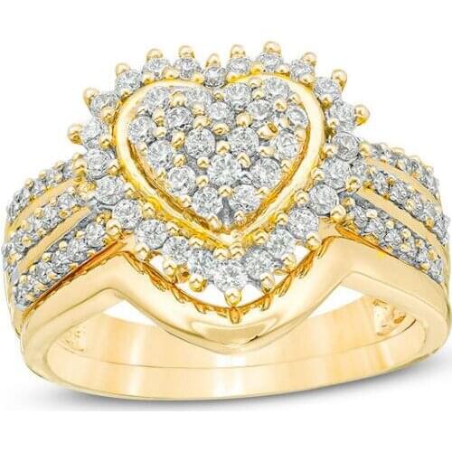 Hainon Female Heart Ring Set Luxury Rose Gold Filled Crystal Zircon Ring Wedding Band Promise Engagement Rings Jewelry Gifts