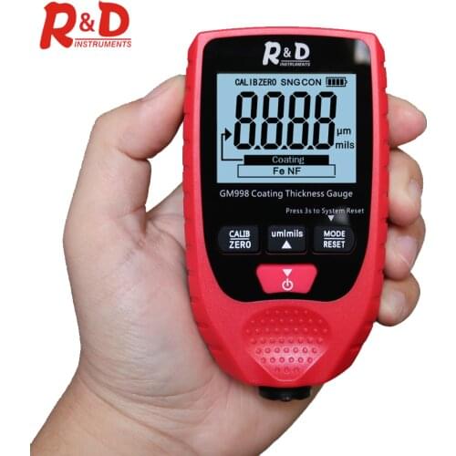R&D Car Paint Paint Coating Thickness Gauge Electroplate Metal Coating Thickness Tester Meter 0-1500um Fe & NFe Probe GM998 Red