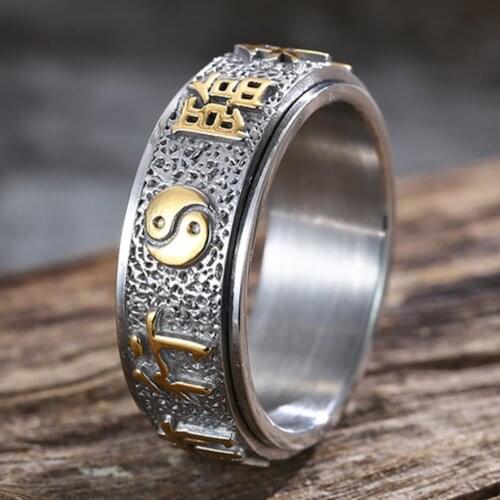 Mens Womens Tibetan Buddhist Mantra Om Mani Padme Hum 8MM Stainless Steel Spinner Ring Wedding Band