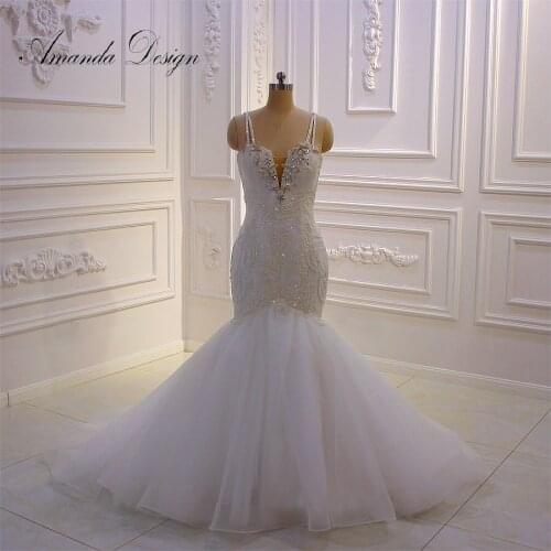 Amanda Design Custom Made Spaghetti Straps Lace Applique Crystal Mermaid Wedding Dress