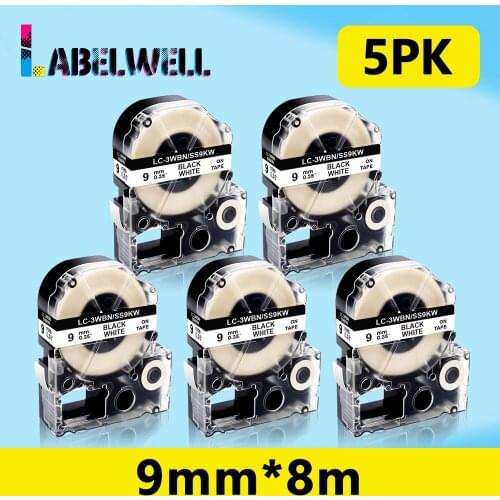 Labelwell 5Pcs 9mm SS9KW LC-3WBN Label tape Black on White compatible for Epson Kingjim SS9KW LW-300 LW-400 LW-600P label maker