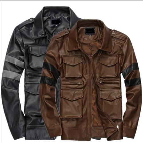 Men Leather Jacket Men Turn-Down Collar Men Color-Pocket Leather Jackets PU Handsome Multi-Pocket Coat