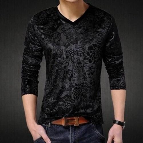 Mens Golden Dragon Printed High Quality Silk Blend Casual T-Shirts Tops V-neck Long Sleeve