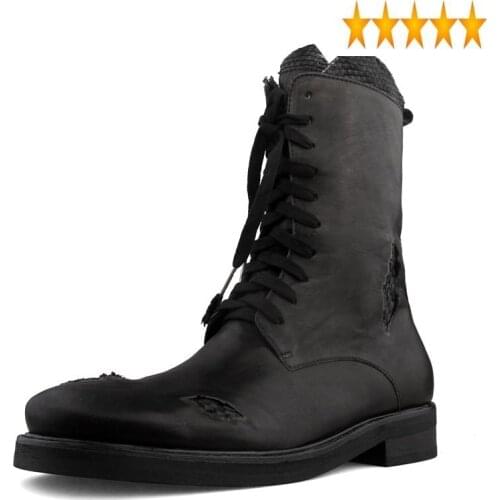 Mens Gothic High Genuine Quality Leather Shoes Lace Up Round Toe Snakeskin Horsehide Brand Vintage Designer Biker Boots