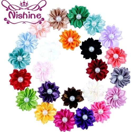 Nishine 50pcs 1.4" Chic Handmade Ribbon Flower with Pearl Center DIY Kids Headwear Girls Hair Clips Children Hair Accessories