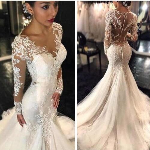 2020 New Gorgeous Lace Mermaid Wedding Dresses African Arabic Style Petite Long Sleeves Fishtail Bridal Gowns