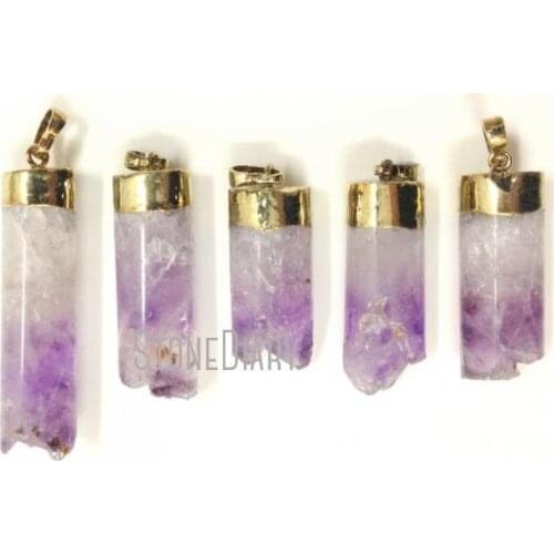 H-AMD24 10pcs Amethysts Druzy Crystal Pillar Pendant Cylinder Charms Jewerly Connector Gold Design 25-45mm x 10-12mm