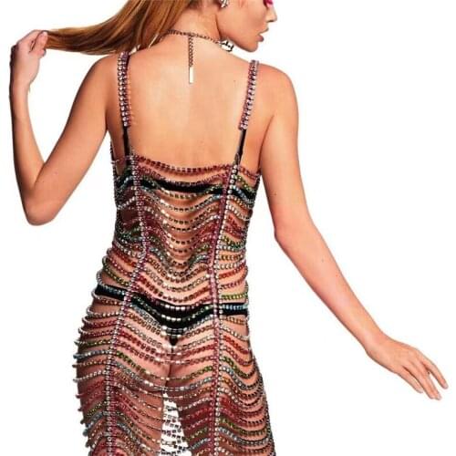 Dropship Full Rhinestone Long Body Chain Dress Body Jewelry Bling Crystal Sexy Dance Party One-Piece Slimming Body Chain Dress